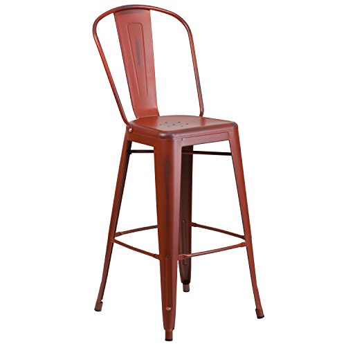 EMMA + OLIVER Commercial Grade 30" H Distressed Red Metal Indoor-Outdoor Barstool w/ Back