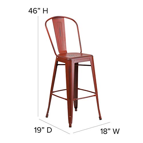 EMMA + OLIVER Commercial Grade 30" H Distressed Red Metal Indoor-Outdoor Barstool w/ Back