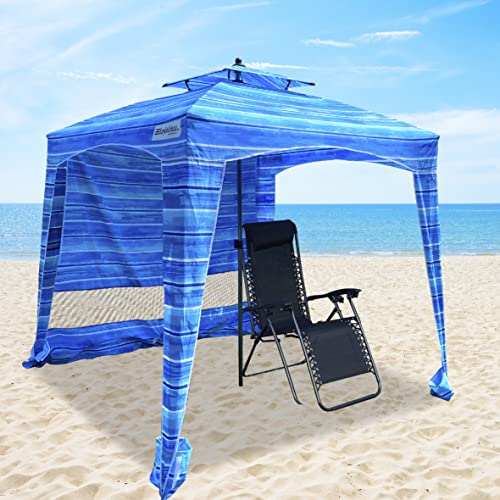 Beach Cabana Canopy Shelter – Cool Sun Shade Tent – 6’ X 6’ - UPF 50+ - Waterproof - Easy Setup – 2 Layer Wind Vent Umbrella – 6 Ft X 6 Ft – BONUS Sidewall – Beach, Lake, Park W/Family - 2 to 4 People