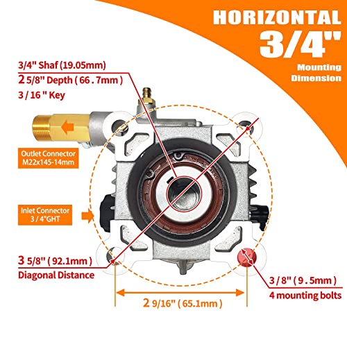 2400-2800PSI Pressure Washer Replacement Pump, 3/4" Shaft Horizontal Pressure Pump Replacement Power Washer Pump Universal Pumps for Power Washer