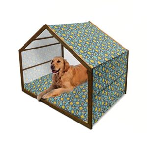 ambesonne stars wooden dog house, sun and moon pattern in cartoon style heavenly bodies with funny faces, indoor & outdoor portable dog kennel with pillow and cover, x-large, multicolor
