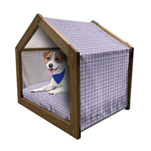ambesonne checkered wooden pet house, country inspired old fashioned pattern picnic theme soft colors print, indoor & outdoor portable dog kennel with pillow and cover, medium, violet blue white pink