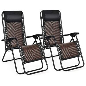tangkula patio rattan zero gravity lounge chair, outdoor folding lounge chair w/removable head pillow, adjustable lounge with widened armrest & locking system for balcony yard poolside (2, coffee)