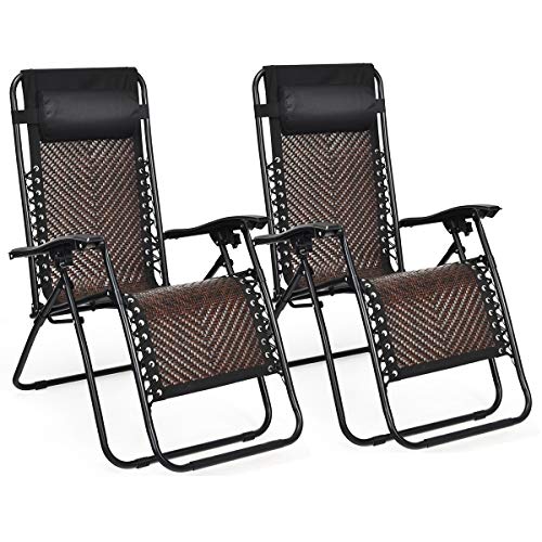 Tangkula Patio Rattan Zero Gravity Lounge Chair, Outdoor Folding Lounge Chair w/Removable Head Pillow, Adjustable Lounge with Widened Armrest & Locking System for Balcony Yard Poolside (2, Coffee)