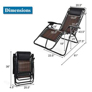 Tangkula Patio Rattan Zero Gravity Lounge Chair, Outdoor Folding Lounge Chair w/Removable Head Pillow, Adjustable Lounge with Widened Armrest & Locking System for Balcony Yard Poolside (2, Coffee)