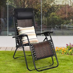 Tangkula Patio Rattan Zero Gravity Lounge Chair, Outdoor Folding Lounge Chair w/Removable Head Pillow, Adjustable Lounge with Widened Armrest & Locking System for Balcony Yard Poolside (2, Coffee)