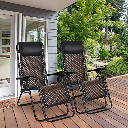 Tangkula Patio Rattan Zero Gravity Lounge Chair, Outdoor Folding Lounge Chair w/Removable Head Pillow, Adjustable Lounge with Widened Armrest & Locking System for Balcony Yard Poolside (2, Coffee)