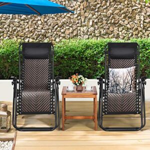 Tangkula Patio Rattan Zero Gravity Lounge Chair, Outdoor Folding Lounge Chair w/Removable Head Pillow, Adjustable Lounge with Widened Armrest & Locking System for Balcony Yard Poolside (2, Coffee)