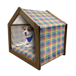 ambesonne checkered wooden pet house, rainbow colors contiguous big and small squares in watercolor style geometrical, indoor & outdoor portable dog kennel with pillow and cover, large, multicolor