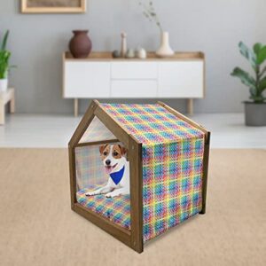 Ambesonne Checkered Wooden Pet House, Rainbow Colors Contiguous Big and Small Squares in Watercolor Style Geometrical, Indoor & Outdoor Portable Dog Kennel with Pillow and Cover, Large, Multicolor