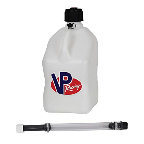 VP Racing Fuels 5-Gallon Motorsport Racing Liquid Fuel Jug Utility Can Container and Deluxe 14-Inch Hose with Hose Cap and Rubber Gasket, White