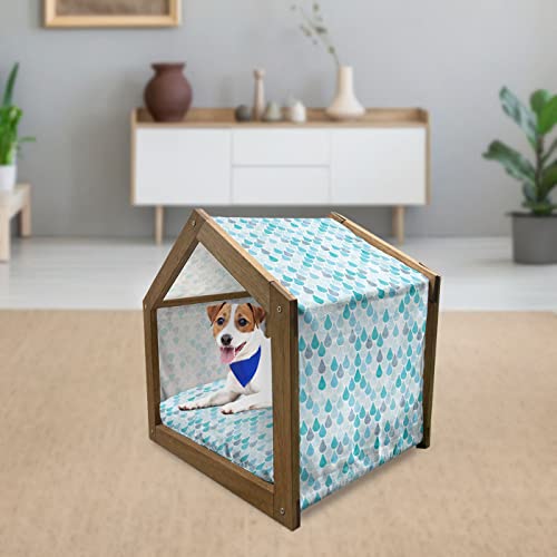 Ambesonne Watercolor Wooden Pet House, Droplets Pattern in Monochrome Tears Flowing, Indoor & Outdoor Portable Dog Kennel with Pillow and Cover, Large, Blue Grey Sky Blue