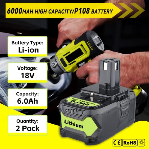 Masione 2Pack 6.0Ah P108 Batteries +P117 Charger Combo Replacement for Ryobi 18v Battery P108 P107 P104 P105 P102 P103 Charger with 260051002 P117 P118 P113 BCL1418