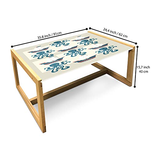 Lunarable Nautical Coffee Table, Pirate Ship and Octopus Sailboat Sails Flag Art Print Sailor Toys, Acrylic Glass Center Table with Wooden Frame for Offices Dorms, Large, Vermilion Beige and Teal
