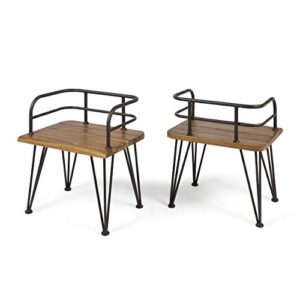 christopher knight home zion outdoor industrial acacia wood chairs with iron frame, 2-pcs set, teak finish / rustic metal