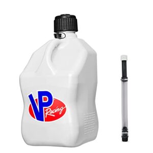 vp racing fuels motorsport 5 gallon square plastic utility jug white & 14 inch hose