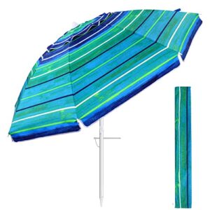 feflo portable beach sand umbrella outdoor: 7ft arc length 6.5ft diameter uv 50+ large heavy duty wind proof umbrella with anchor and adjustable tilt pole – 8 ribs lightweight parasol with carry bag