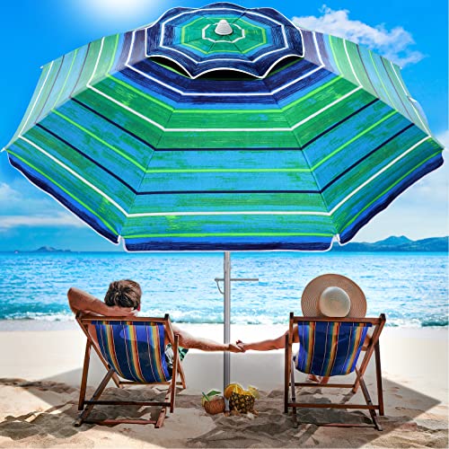 FEFLO Portable Beach Sand Umbrella Outdoor: 7ft Arc Length 6.5ft Diameter UV 50+ Large Heavy Duty Wind Proof Umbrella with Anchor and Adjustable Tilt Pole - 8 Ribs Lightweight Parasol with Carry Bag