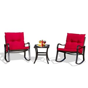 domi outdoor living 3 pieces bistro set outdoor rocking chairs all weather patio wicker furniture set with thickened cushion and glass top coffee table for yard,bistro (red)