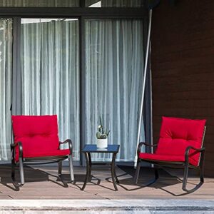 domi outdoor living 3 Pieces Bistro Set Outdoor Rocking Chairs All Weather Patio Wicker Furniture Set with Thickened Cushion and Glass Top Coffee Table for Yard,Bistro (Red)