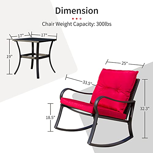 domi outdoor living 3 Pieces Bistro Set Outdoor Rocking Chairs All Weather Patio Wicker Furniture Set with Thickened Cushion and Glass Top Coffee Table for Yard,Bistro (Red)