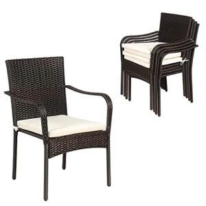 tangkula 4 pieces patio rattan dining chairs, outdoor stackable wicker chairs with comfortable cushions and armrests, all weather outdoor dining chair set for poolside, garden and backyard