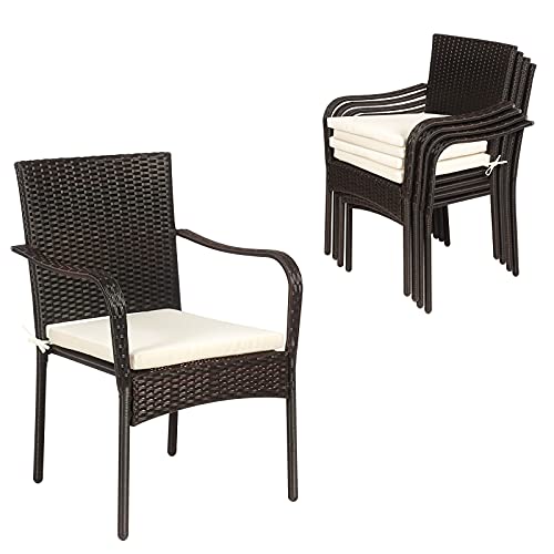 Tangkula 4 Pieces Patio Rattan Dining Chairs, Outdoor Stackable Wicker Chairs with Comfortable Cushions and Armrests, All Weather Outdoor Dining Chair Set for Poolside, Garden and Backyard