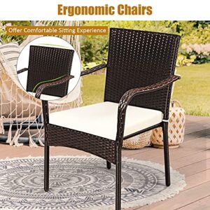 Tangkula 4 Pieces Patio Rattan Dining Chairs, Outdoor Stackable Wicker Chairs with Comfortable Cushions and Armrests, All Weather Outdoor Dining Chair Set for Poolside, Garden and Backyard