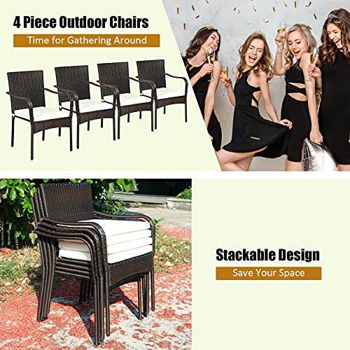 Tangkula 4 Pieces Patio Rattan Dining Chairs, Outdoor Stackable Wicker Chairs with Comfortable Cushions and Armrests, All Weather Outdoor Dining Chair Set for Poolside, Garden and Backyard