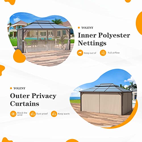 YOLENY 10'x13' Hardtop Gazebo, Outdoor Polycarbonate Double Roof Canopy, Aluminum Frame Permanent Pavilion with Curtains and Netting, Sunshade for Garden, Patio, Lawns