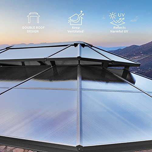 YOLENY 10'x13' Hardtop Gazebo, Outdoor Polycarbonate Double Roof Canopy, Aluminum Frame Permanent Pavilion with Curtains and Netting, Sunshade for Garden, Patio, Lawns