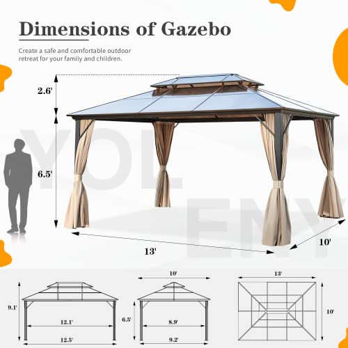 YOLENY 10'x13' Hardtop Gazebo, Outdoor Polycarbonate Double Roof Canopy, Aluminum Frame Permanent Pavilion with Curtains and Netting, Sunshade for Garden, Patio, Lawns