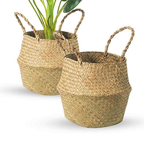 BrilliantJo Seagrass Belly Basket, Set of 2 Woven Plant Pot Holder handmade Home Decor for Storage Plants Picnic Grocery Medium(10.63 x 9.44 inch)