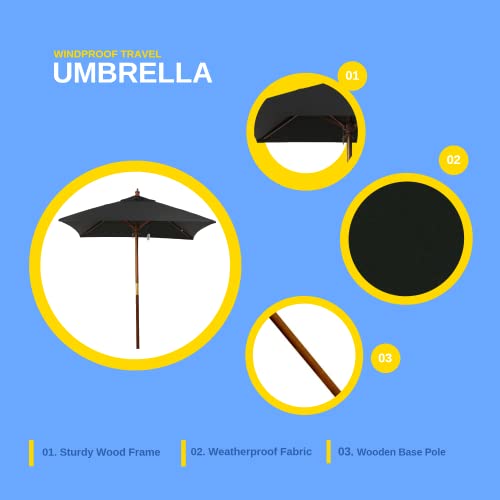Germisept Marrin Black 7.5ft Patio Umbrella with Hand Crank and Wood Pole Base - Made from Recycled Water Bottles