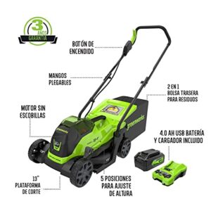 Greenworks 24V 13-Inch Brushless Push Lawn Mower, Cordless Electric Lawn Mower with 4.0Ah USB (Power Bank) Battery and Charger Included