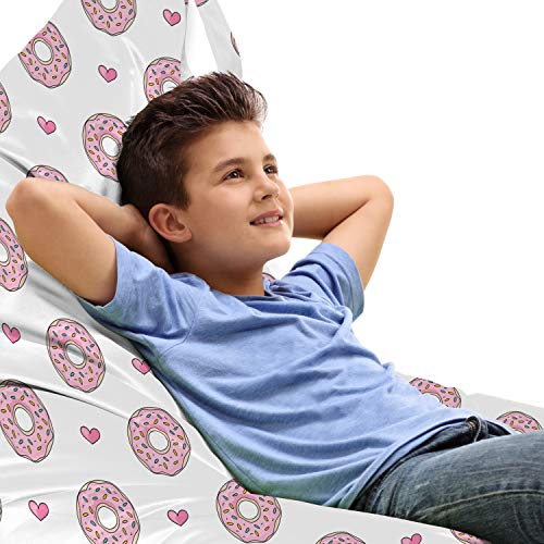 Ambesonne Donut Lounger Chair Bag, Pastel Colored Dessert Sweets Sprinkles and Hearts Valentine's Day Theme Print, High Capacity Storage with Handle Container, Lounger Size, Pink and White