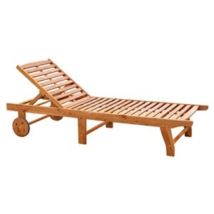 outsunny outdoor folding chaise lounge chair recliner with wheels, acacia wood frame – teak color