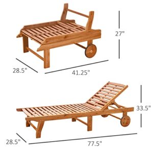 Outsunny Outdoor Folding Chaise Lounge Chair Recliner with Wheels, Acacia Wood Frame - Teak Color