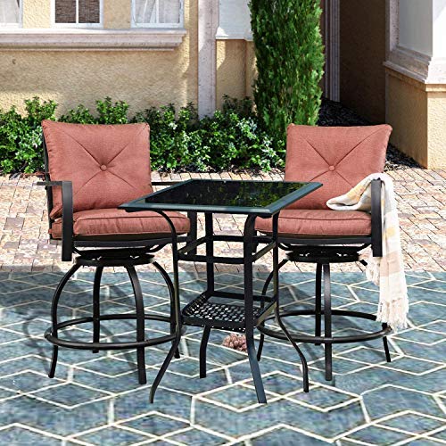 PatioFestival Outdoor Bar Stools Bar Height Patio Chairs Swivel Bar Stool Patio Furniture Tall High Counter Chair Bistro Set with Glass Top Table Back Padded Cushion for Balcony Pub