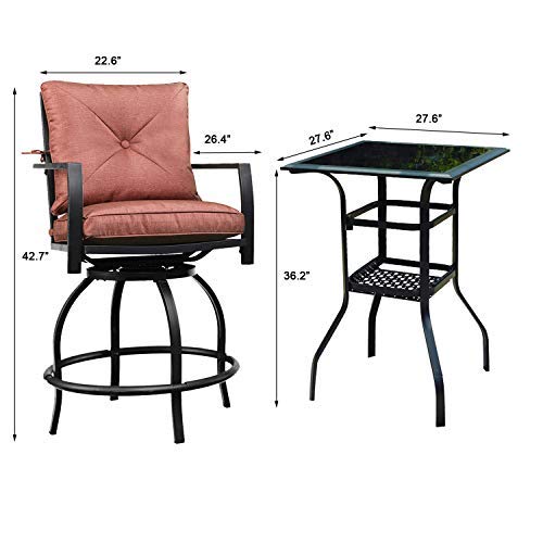 PatioFestival Outdoor Bar Stools Bar Height Patio Chairs Swivel Bar Stool Patio Furniture Tall High Counter Chair Bistro Set with Glass Top Table Back Padded Cushion for Balcony Pub