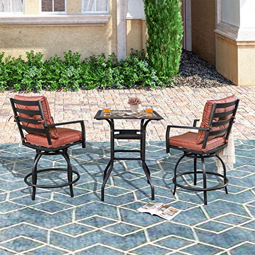 PatioFestival Outdoor Bar Stools Bar Height Patio Chairs Swivel Bar Stool Patio Furniture Tall High Counter Chair Bistro Set with Glass Top Table Back Padded Cushion for Balcony Pub