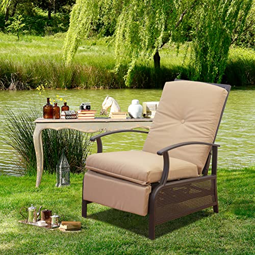 domi outdoor living Adjustable Patio Recliner Chair Metal Outdoor Reclining Lounge Chair with Removable Cushions (Beige)