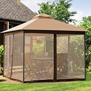 CHARMELEON Gazebo 10x10, Outdoor Gazebo with 4 Sandbags, Double Vented Roof Gazebo with Screen Netting Walls, Waterproof Patio Canopy for Deck, Party & Backyard (Khaki)