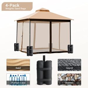 CHARMELEON Gazebo 10x10, Outdoor Gazebo with 4 Sandbags, Double Vented Roof Gazebo with Screen Netting Walls, Waterproof Patio Canopy for Deck, Party & Backyard (Khaki)