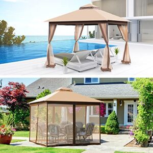 CHARMELEON Gazebo 10x10, Outdoor Gazebo with 4 Sandbags, Double Vented Roof Gazebo with Screen Netting Walls, Waterproof Patio Canopy for Deck, Party & Backyard (Khaki)