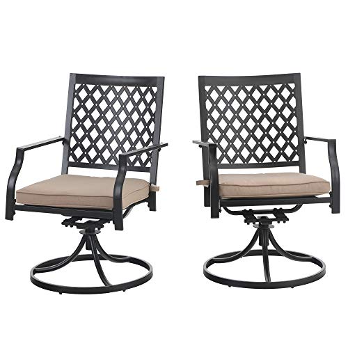 PHI VILLA Outdoor Metal Swivel Chairs Set of 2 Patio Dining Chair with Cushion Furniture Set for Garden Backyard Bistro, Small Grid, Black