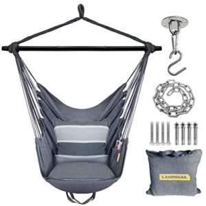 laishsnail hammock chair swing, hanging chair for bedroom with metal support bar, integrated storage bag, cushions & hardware included, swing chair for indoor or outdoor (with hardware-gray&white)