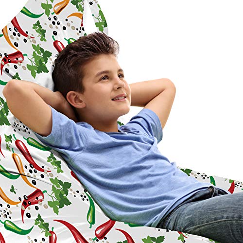 Ambesonne Food Lounger Chair Bag, Chilli Peppers and Parsley Leaves Health Cooking Spice Jalapeno Mexican, High Capacity Storage with Handle Container, Lounger Size, Dark Pink Green Orange