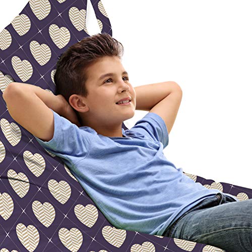 Ambesonne Romantic Lounger Chair Bag, Heart Shapes Inner Wavy Stripes Geometric Retro Romance Pattern Print, High Capacity Storage with Handle Container, Lounger Size, Eggplant and Beige