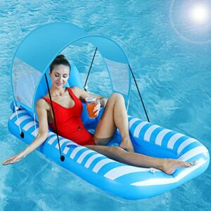 Inflatable Pool Float for Adults with Detachable Canopy and Cup Holder Outdoor Lounge Pool Lounger Rafts with Adjustable Inflatable Pillow for Swimming Lake Beach Vacation (Blue Stripe)